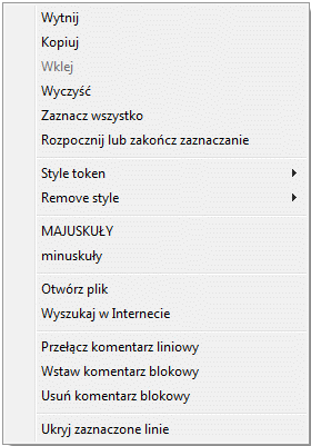 Notepad++ - domyślne menu kontekstowe Obszaru edycji