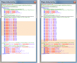 Notepad++ - okno Mapa dokumentu z danymi tekstowymi przewiniętymi na środek (z lewej) i na koniec (z prawej)