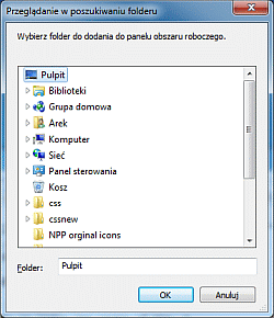 Notepad++ - systemowe okno Przeglądanie w poszukiwaniu folderu po wybraniu polecenia Dodaj z menu kontekstowego pustej przestrzeni