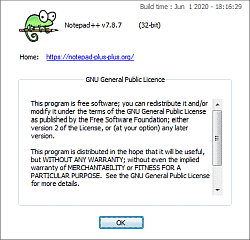Notepad++ - okno O programie z podstawowymi informacjami o NPP