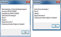 Notepad++ - okno Podsumowanie dla pustego pliku: zapisanego (po lewej) i niezapisanego (po prawej)