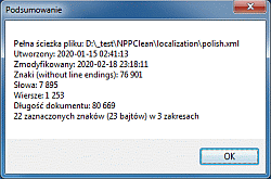 Notepad++ - okno Podsumowanie z dokładniejszymi informacjami dla polskiego tłumaczenia polish.xml