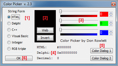 Color Picker - okno z kontrolą wybranego koloru i zaznaczonymi najważniejszymi jego elementami