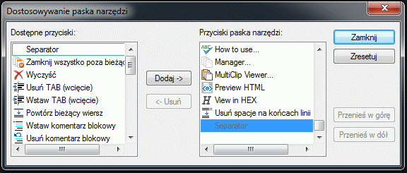 Customize Toolbar - okno Dostosowanie paska narzędzi