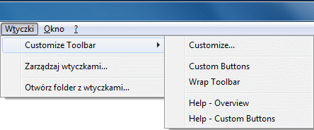 Customize Toolbar - menu wtyczki w domyślnym stanie