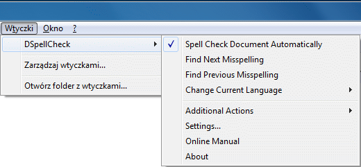 DSpellCheck - menu wtyczki w domyślnym stanie