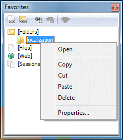 Explorer - okno Favorites z menu kontekstowym dla skrótu do folderu