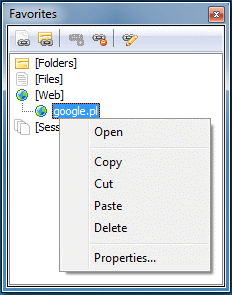Explorer - okno Favorites z menu kontekstowym dla skrótu do WWW