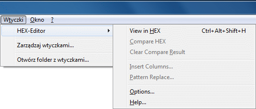 HexEditor - menu wtyczki w domyślnym stanie