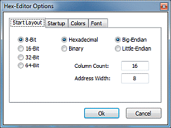 HexEditor - zakładka Start Layout z okna Hex-Editor Options w domyślnym stanie