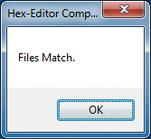 HexEditor - okno Hex-Editor Compare informujące o porównaniu dwóch identycznych podglądów HEX