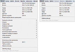 HexEditor - zawartość kategorii Edycja z Paska menu (z lewej przy wyłączonym i z prawej przy włączonym podglądzie HEX)