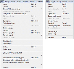 HexEditor - zawartość kategorii Pliki z Paska menu (z lewej przy wyłączonym i z prawej przy włączonym podglądzie HEX)