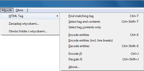 HTML Tag - menu wtyczki w domyślnym stanie