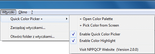 Quick Color Picker - menu wtyczki w domyślnym stanie