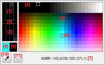 Quick Color Picker - okno z kontrolą kolorów w domyślnym stanie i zaznaczonymi najważniejszymi jego elementami