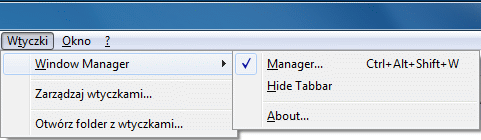 Window Manager - menu wtyczki w domyślnym stanie