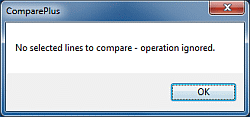 ComparePlus - komunikat przy próbie porównania danych tekstowych bez uprzedniego wykonania zaznaczeń w dwóch różnych kartach