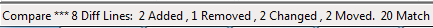 ComparePlus - przykładowy wyniki porównania dwóch różnych plików umieszczany z lewej strony Paska stanu