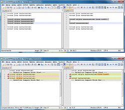 ComparePlus - przykładowe pełne zaznaczenia w dwóch różnych plikach przed porównaniem (u góry) i po porównaniu (na dole) przy domyślnych ustawieniach