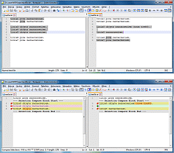 ComparePlus - przykładowe nieciągłe zaznaczenia w dwóch różnych plikach przed porównaniem (u góry) i po porównaniu (na dole) przy domyślnych ustawieniach