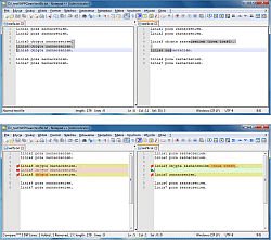 ComparePlus - przykładowe niepełne zaznaczenia w dwóch różnych plikach przed porównaniem (u góry) i po porównaniu (na dole) przy domyślnych ustawieniach