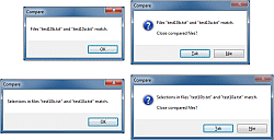 ComparePlus - okno dialogowe przy wyłączonej (po lewej) i przy włączonej (po prawej) opcji Show 'Close Files?' dialog on match