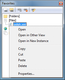 Explorer - okno Favorites z menu kontekstowym skrótu dla skrótu do pliku