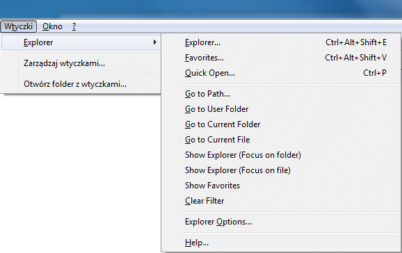 Explorer - menu wtyczki w domyślnym stanie