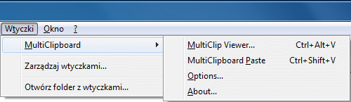 MultiClipboard - menu wtyczki w domyślnym stanie